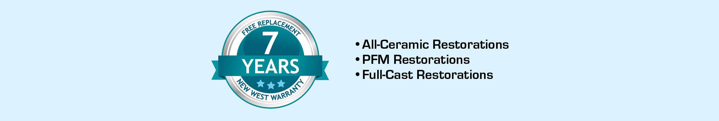 Seven-year warranties come standard with every all-ceramic or PFM (porcelain fused to metal) restoration.